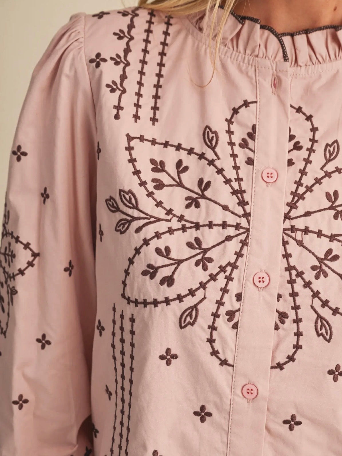 Pink embroidered floral bomber long sleeves shirt