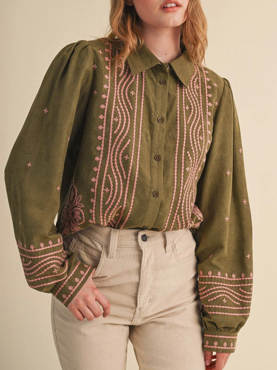 Olive and pink embroidered floral bomber long sleeves shirt