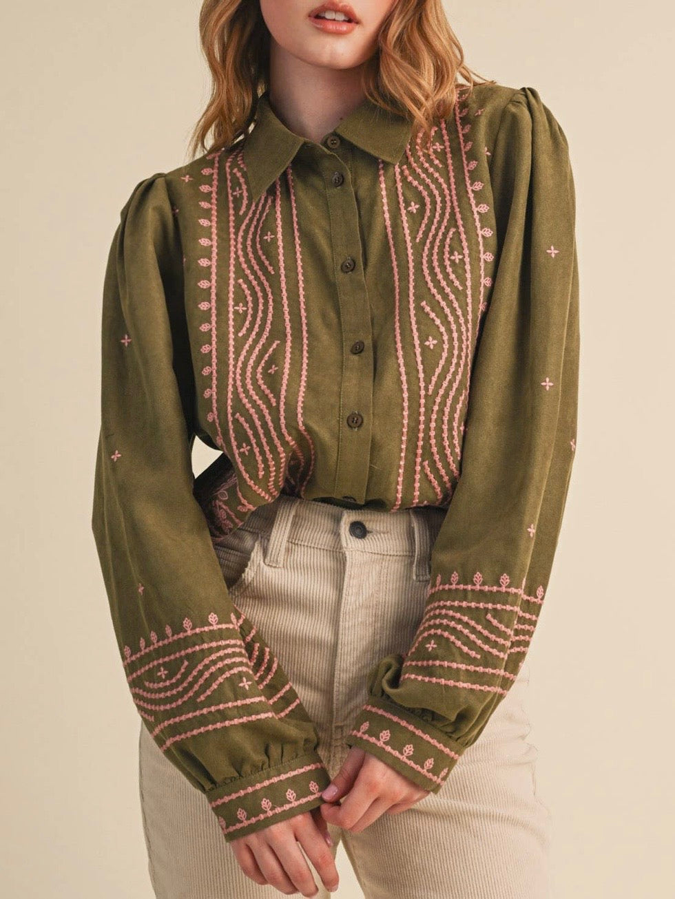 Olive and pink embroidered floral bomber long sleeves shirt