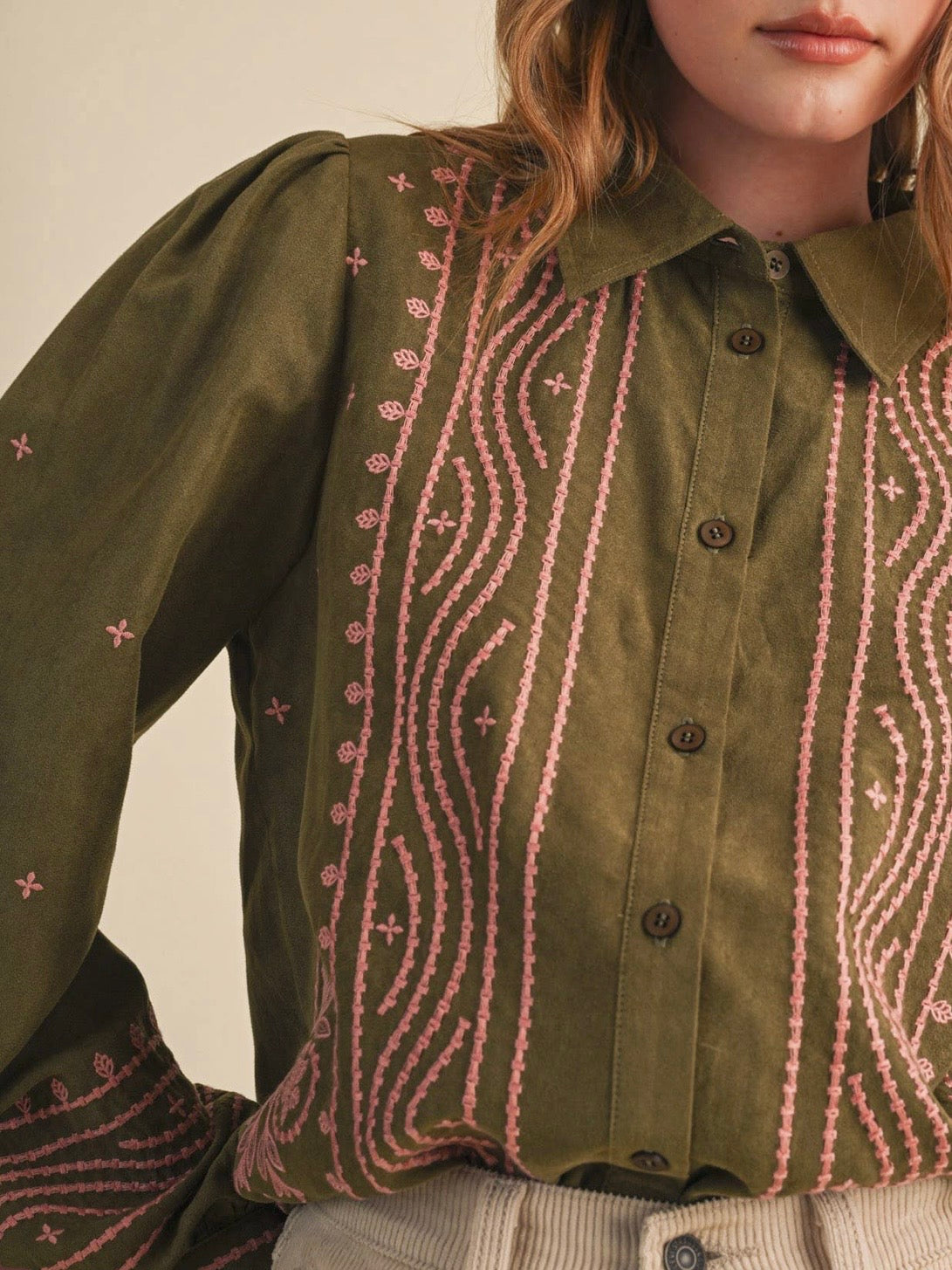Olive and pink embroidered floral bomber long sleeves shirt