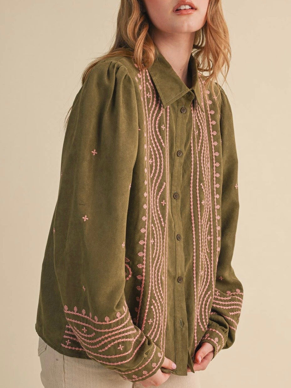 Olive and pink embroidered floral bomber long sleeves shirt
