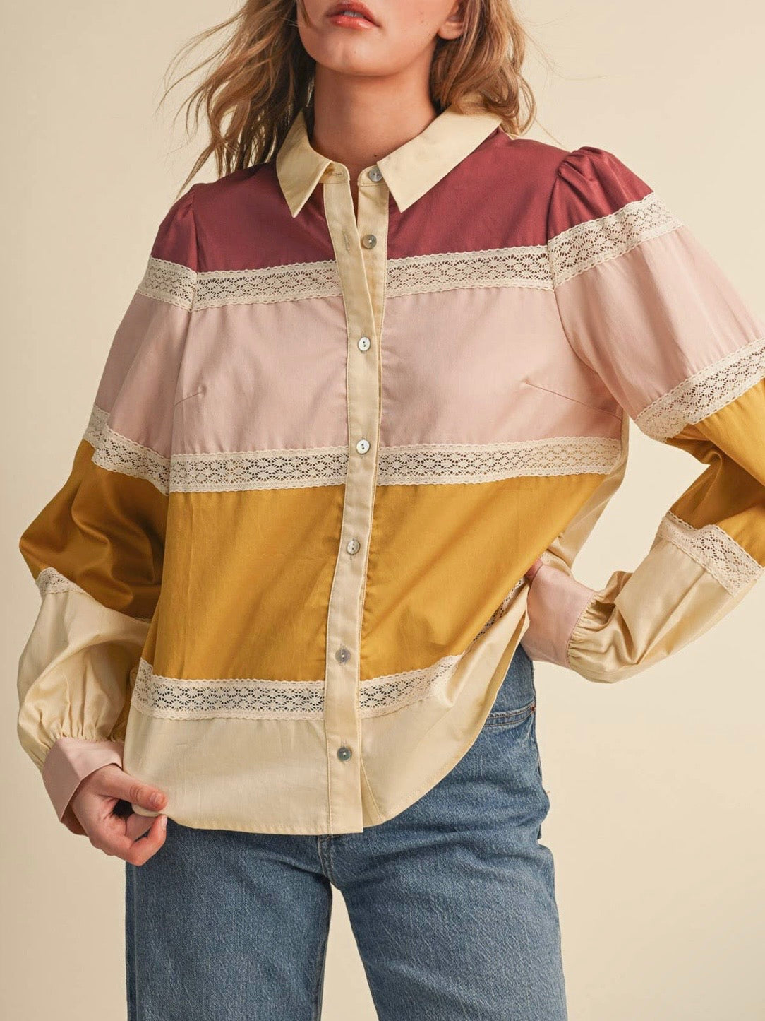 Red, yellow, pink blocks and beige lace details bomber long sleeves shirt