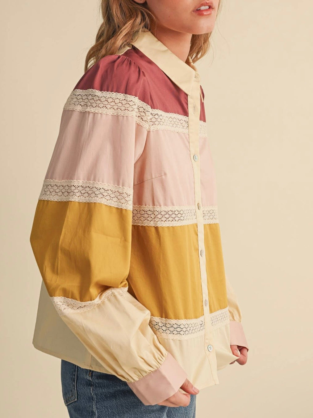 Red, yellow, pink blocks and beige lace details bomber long sleeves shirt