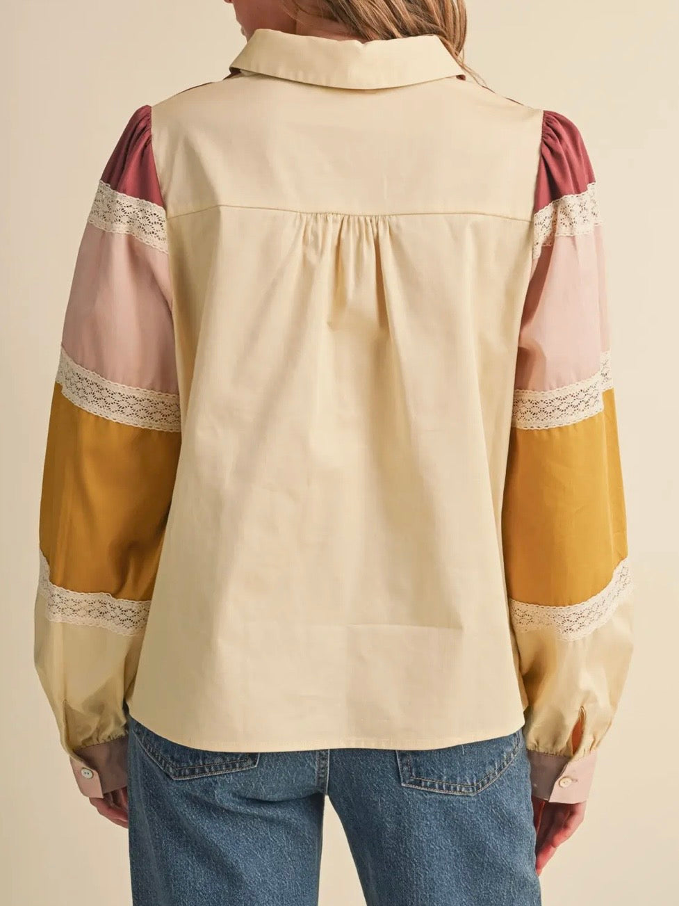 Red, yellow, pink blocks and beige lace details bomber long sleeves shirt