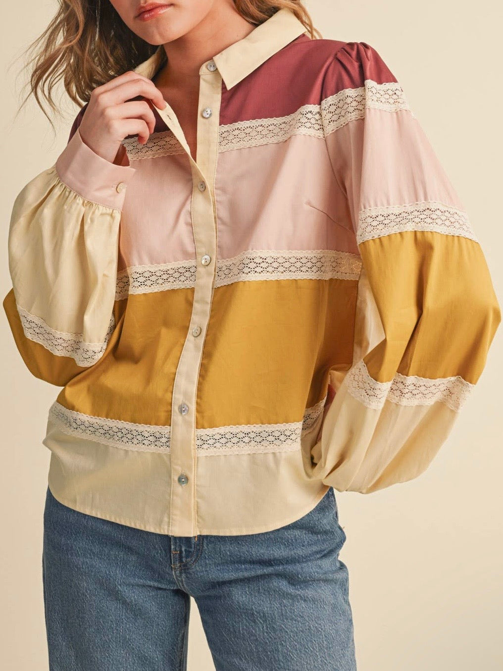 Red, yellow, pink blocks and beige lace details bomber long sleeves shirt