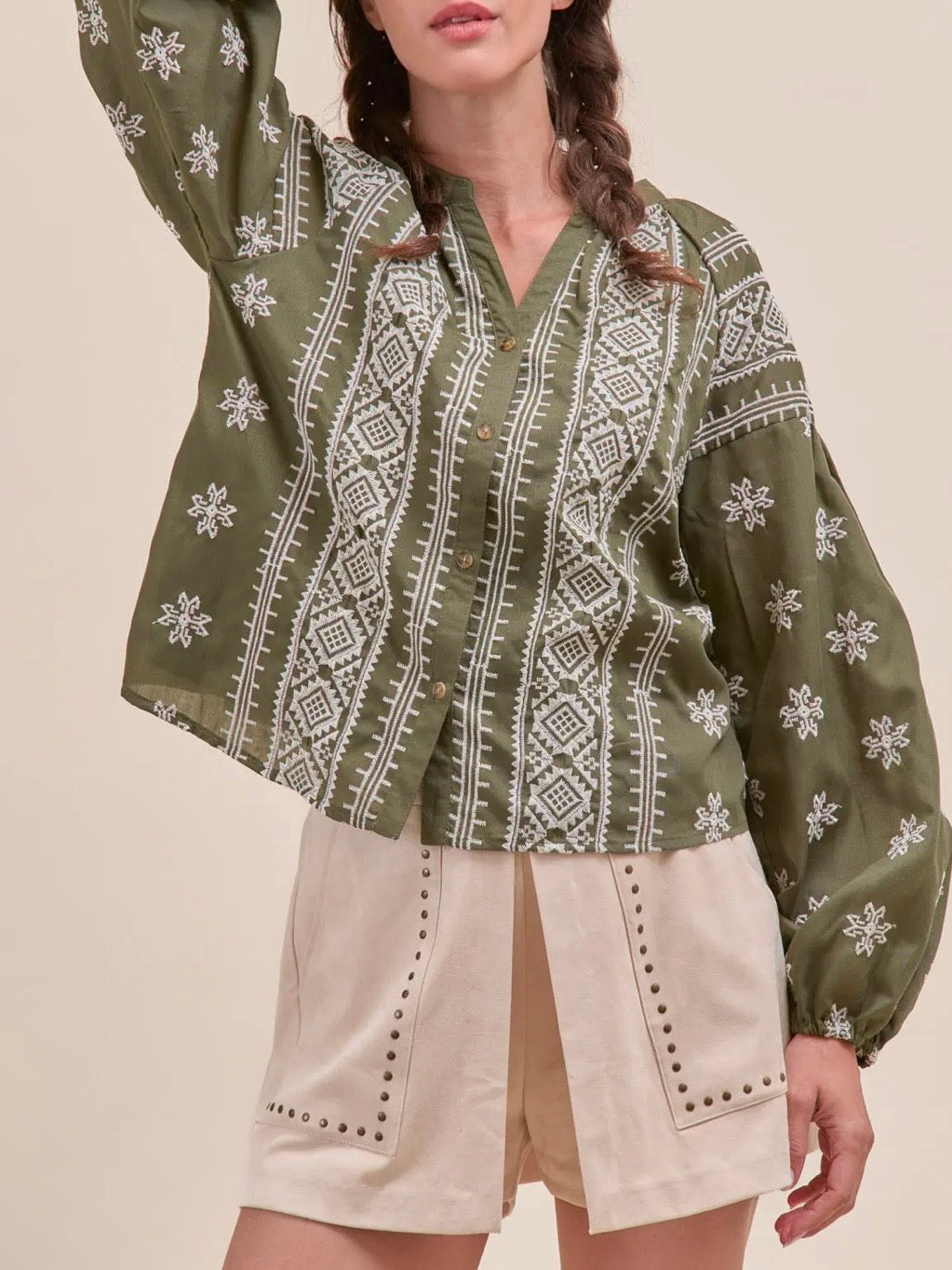 Olive and white embroidered floral bomber long sleeves shirt