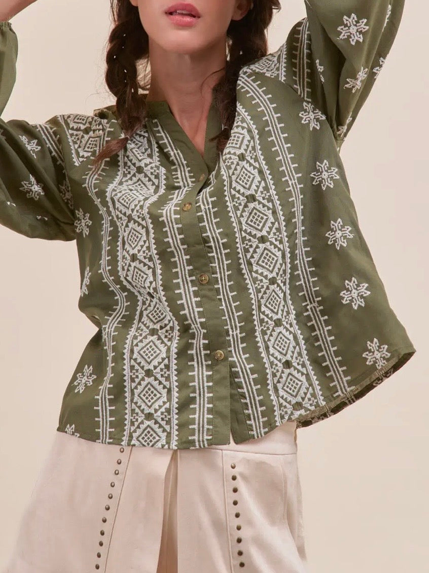 Olive and white embroidered floral bomber long sleeves shirt