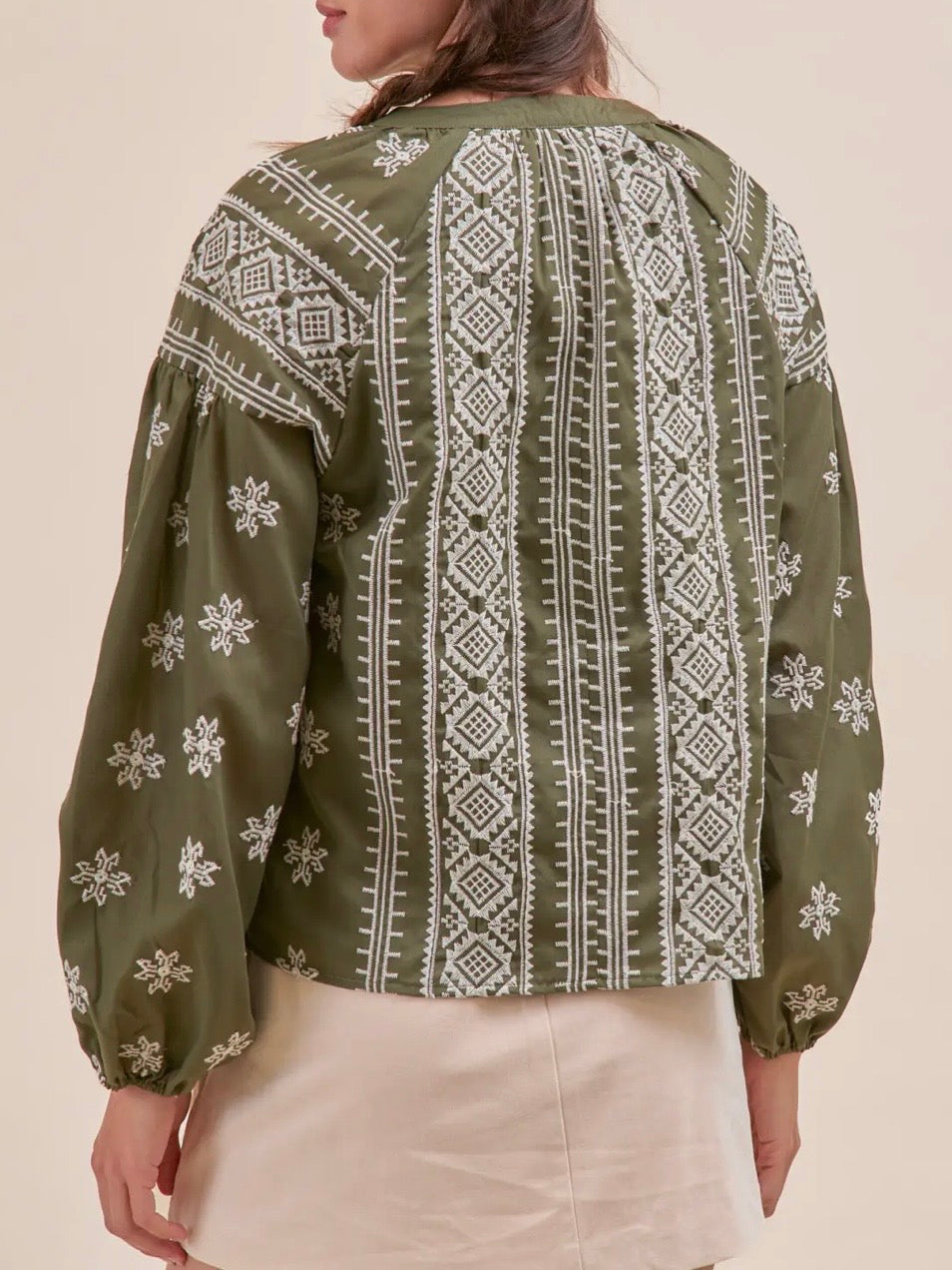 Olive and white embroidered floral bomber long sleeves shirt