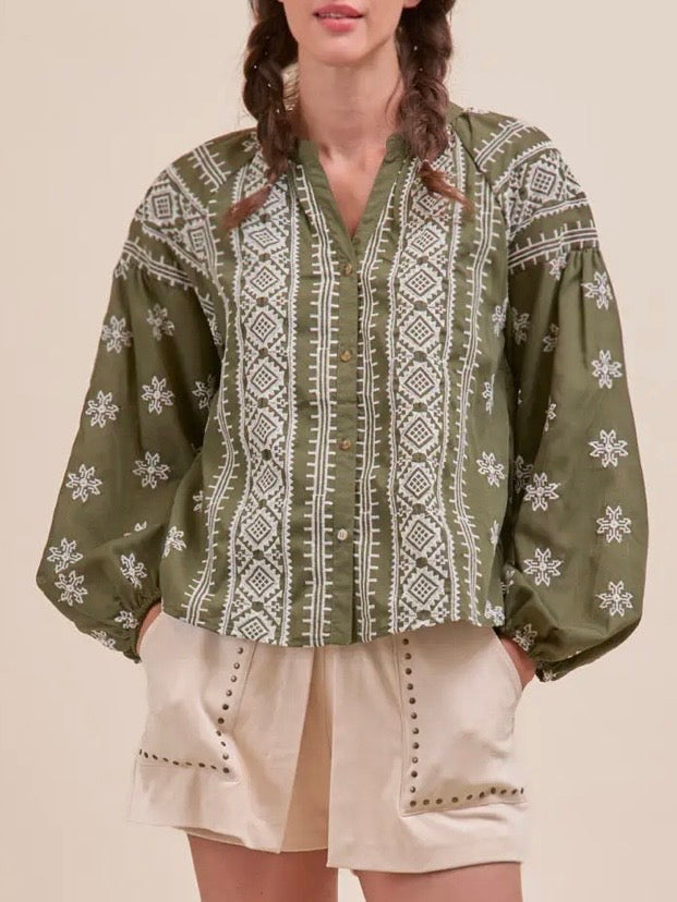Olive and white embroidered floral bomber long sleeves shirt