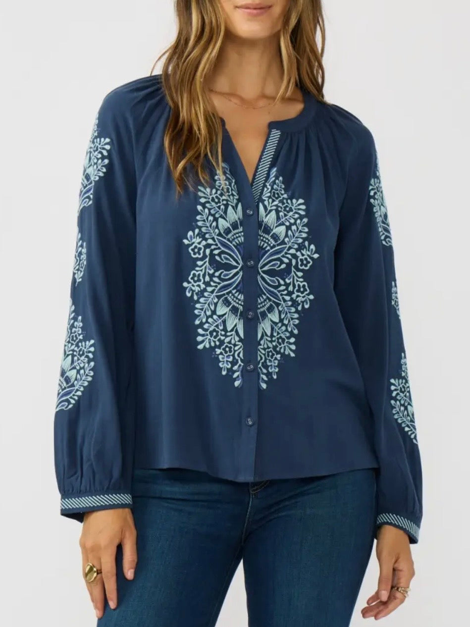 Navy Blue embroidered floral bomber long sleeves shirt