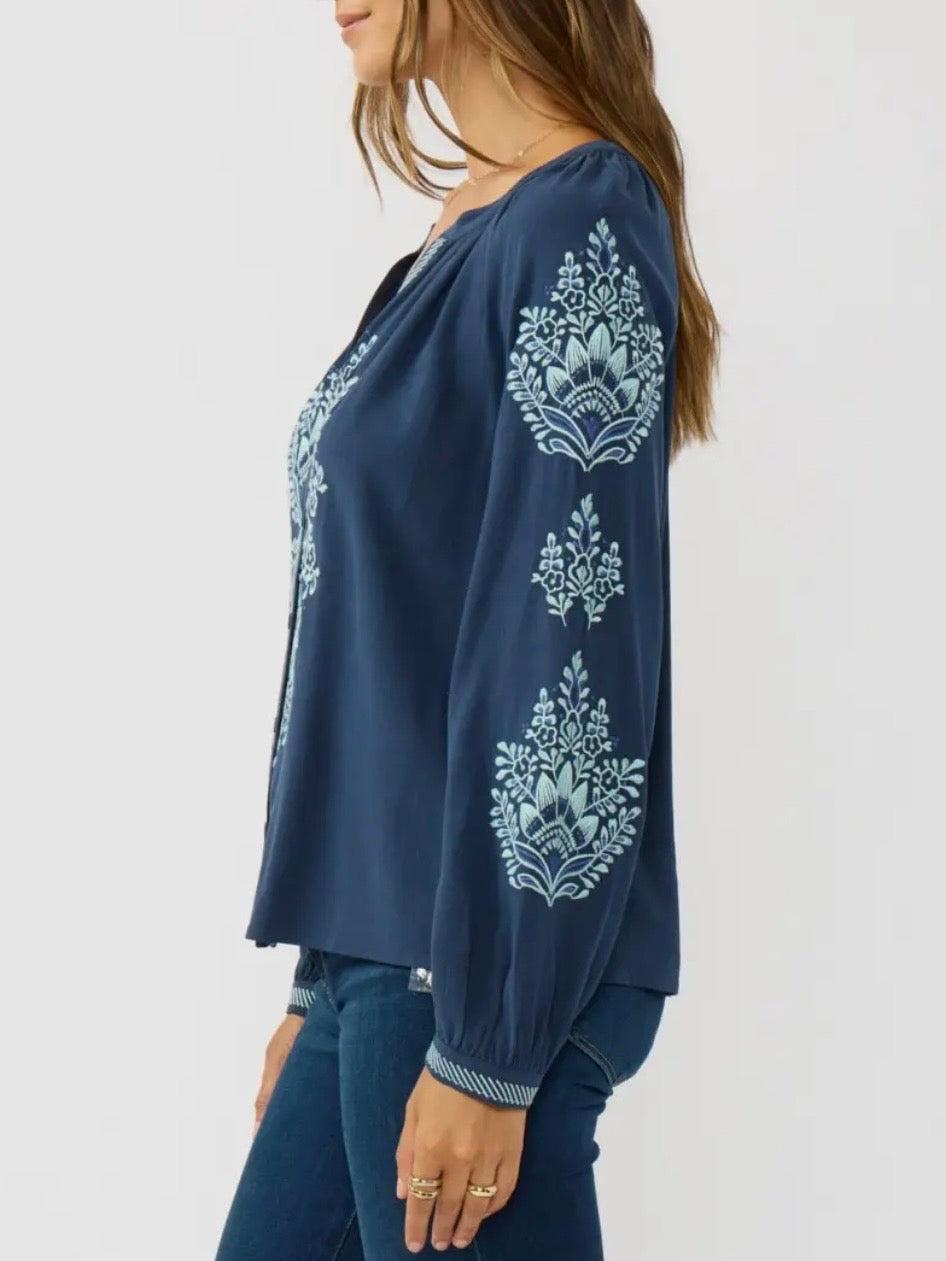 Navy Blue embroidered floral bomber long sleeves shirt