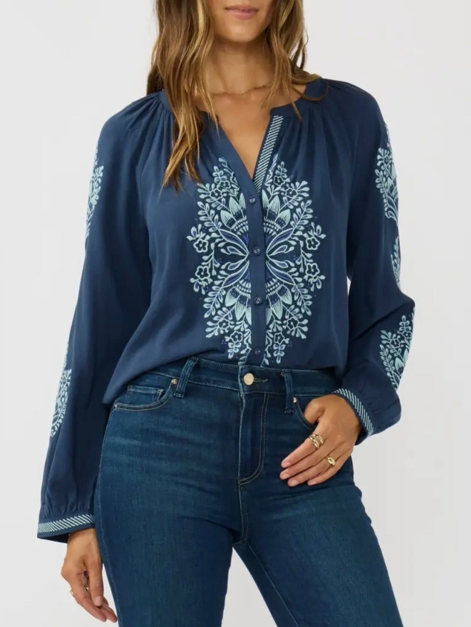 Navy Blue embroidered floral bomber long sleeves shirt