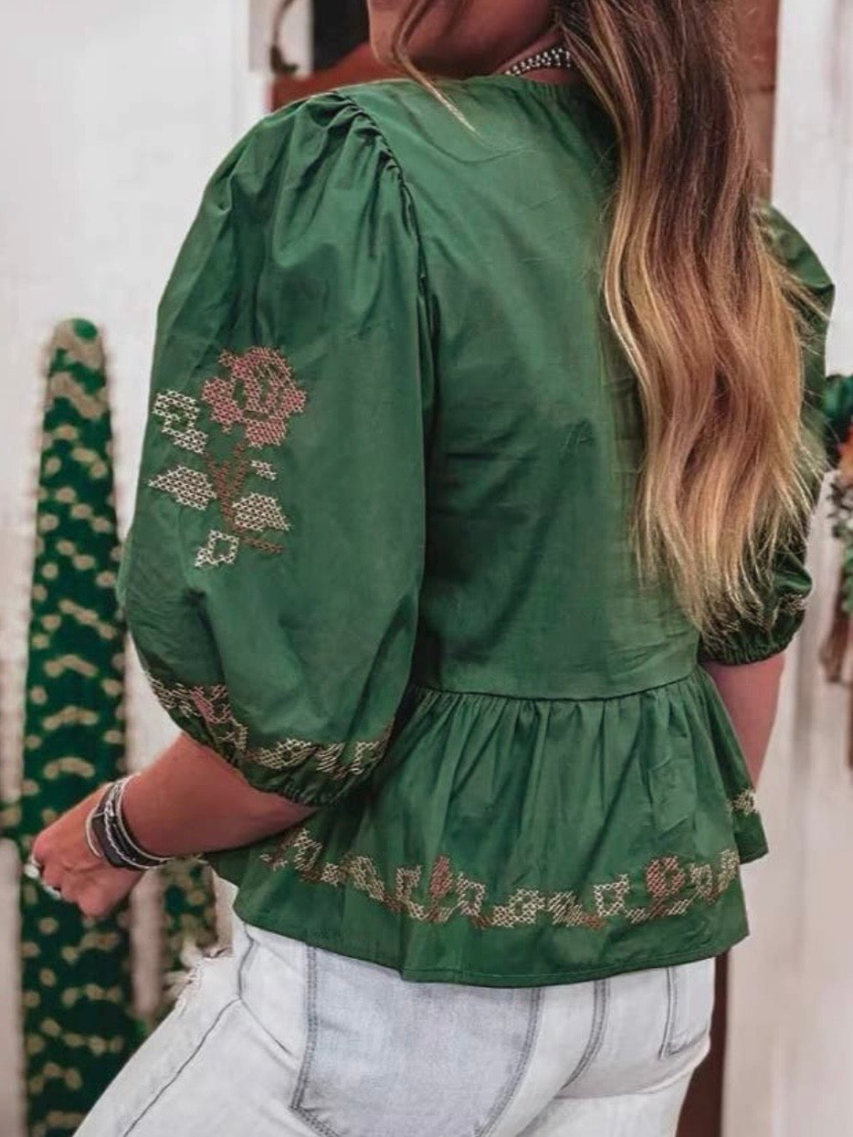 Green embroidered floral bomber short sleeves shirt