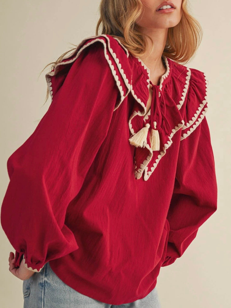 Red flap neck embroidered details shirt blouse