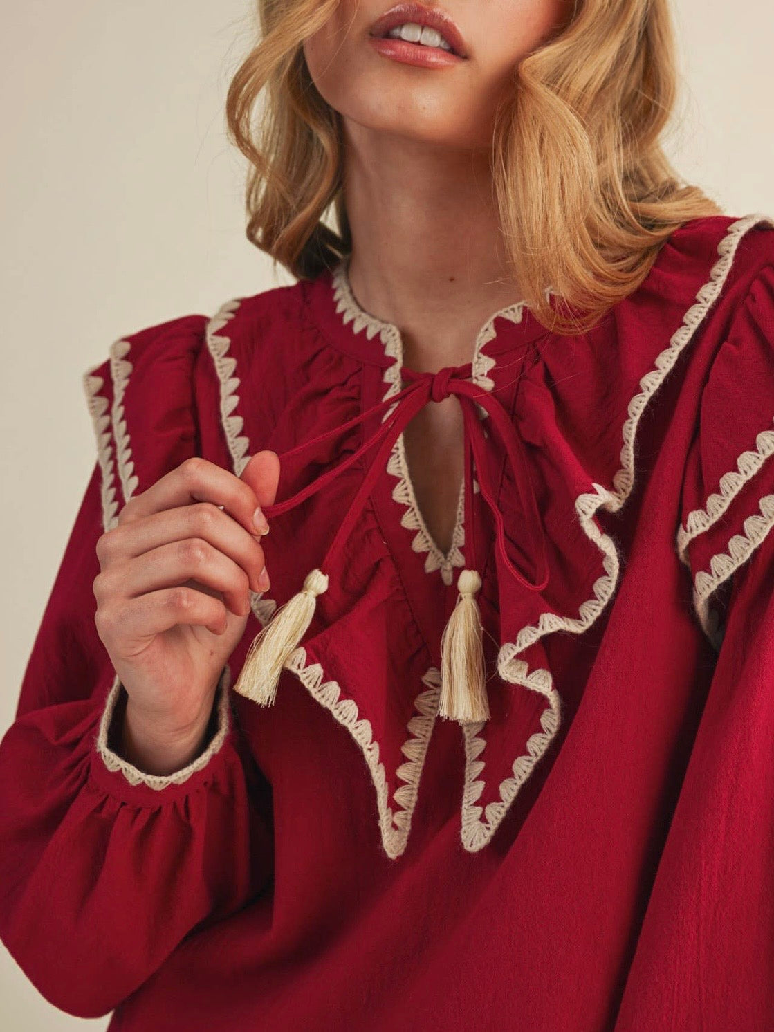 Red flap neck embroidered details shirt blouse