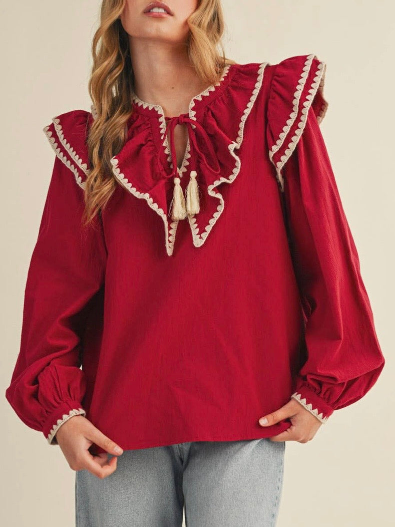 Red flap neck embroidered details shirt blouse