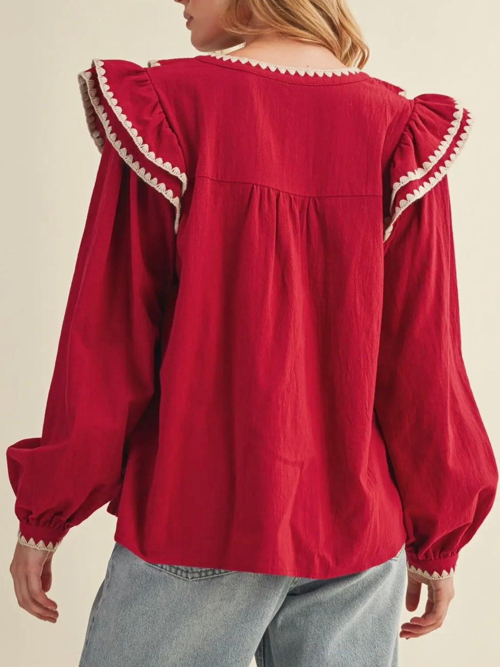 Red flap neck embroidered details shirt blouse