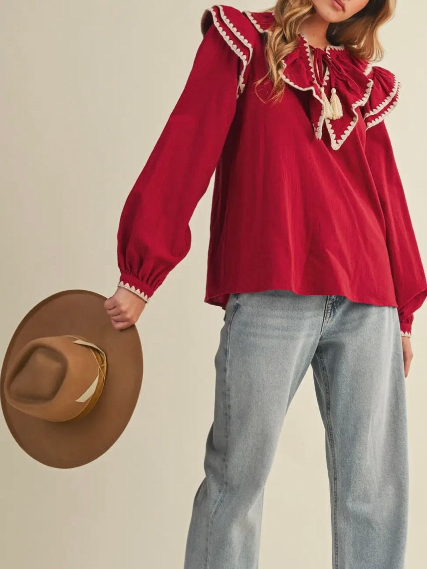 Red flap neck embroidered details shirt blouse
