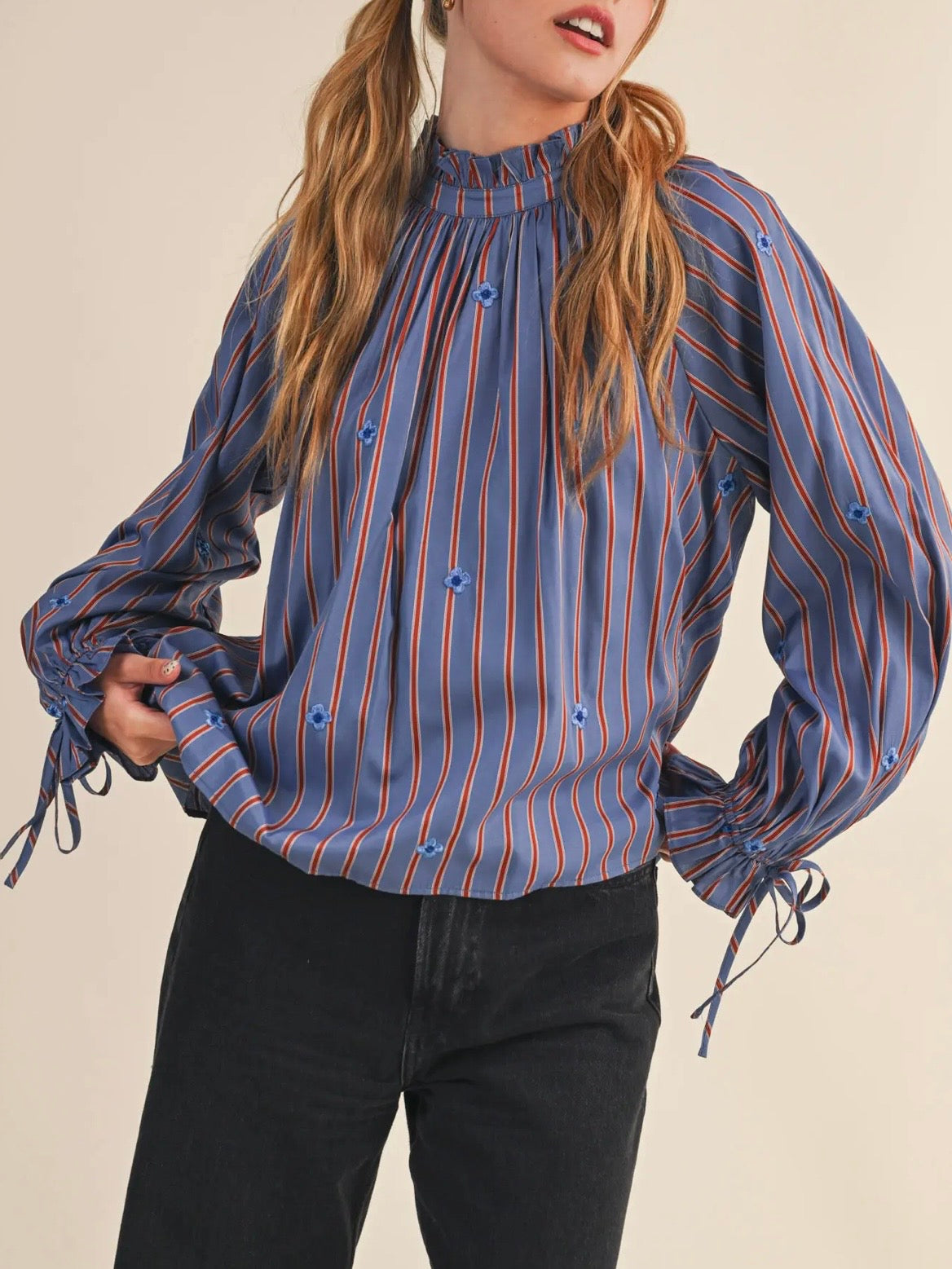 Blue and red striped small flowers bomber long sleeves shirt blouse