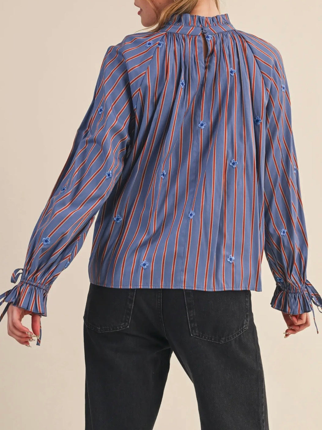 Blue and red striped small flowers bomber long sleeves shirt blouse