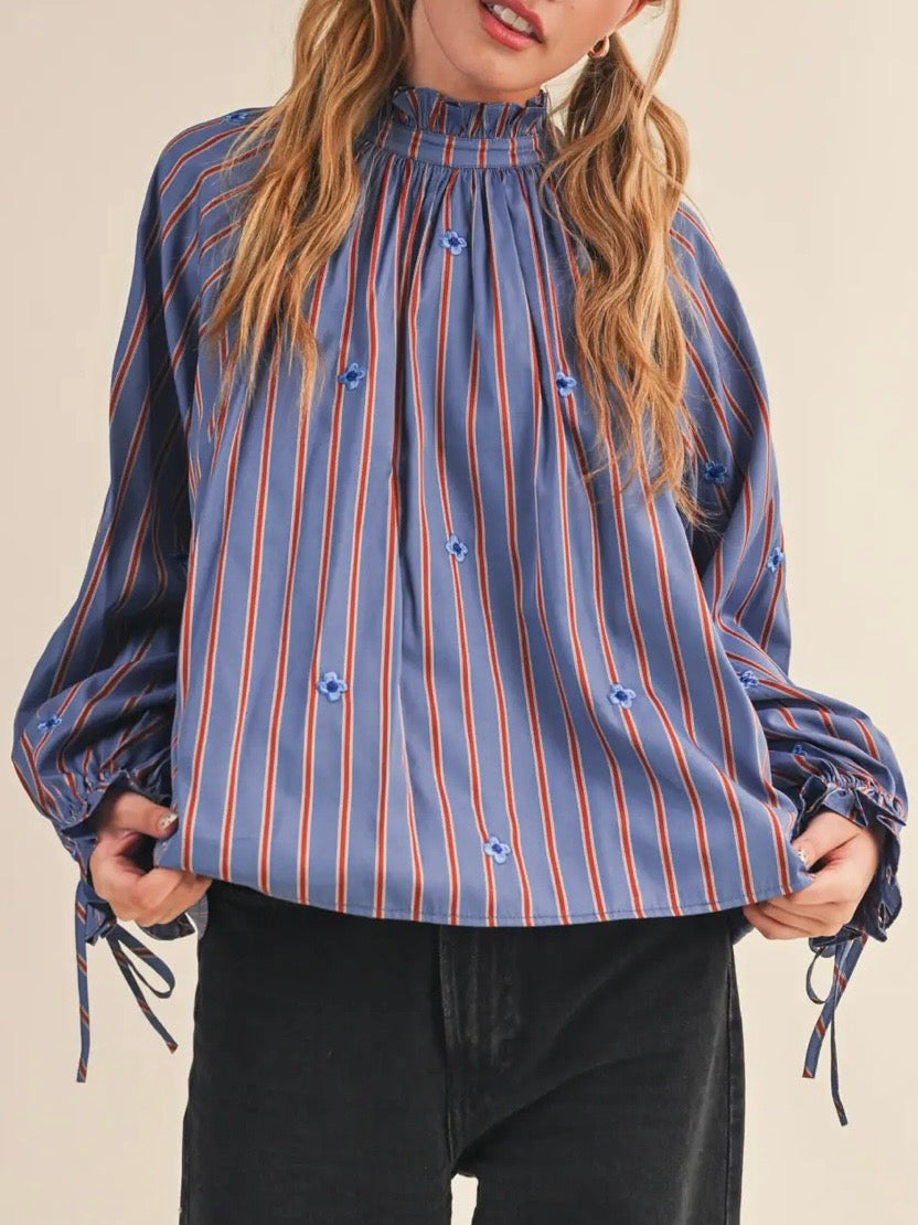 Blue and red striped small flowers bomber long sleeves shirt blouse