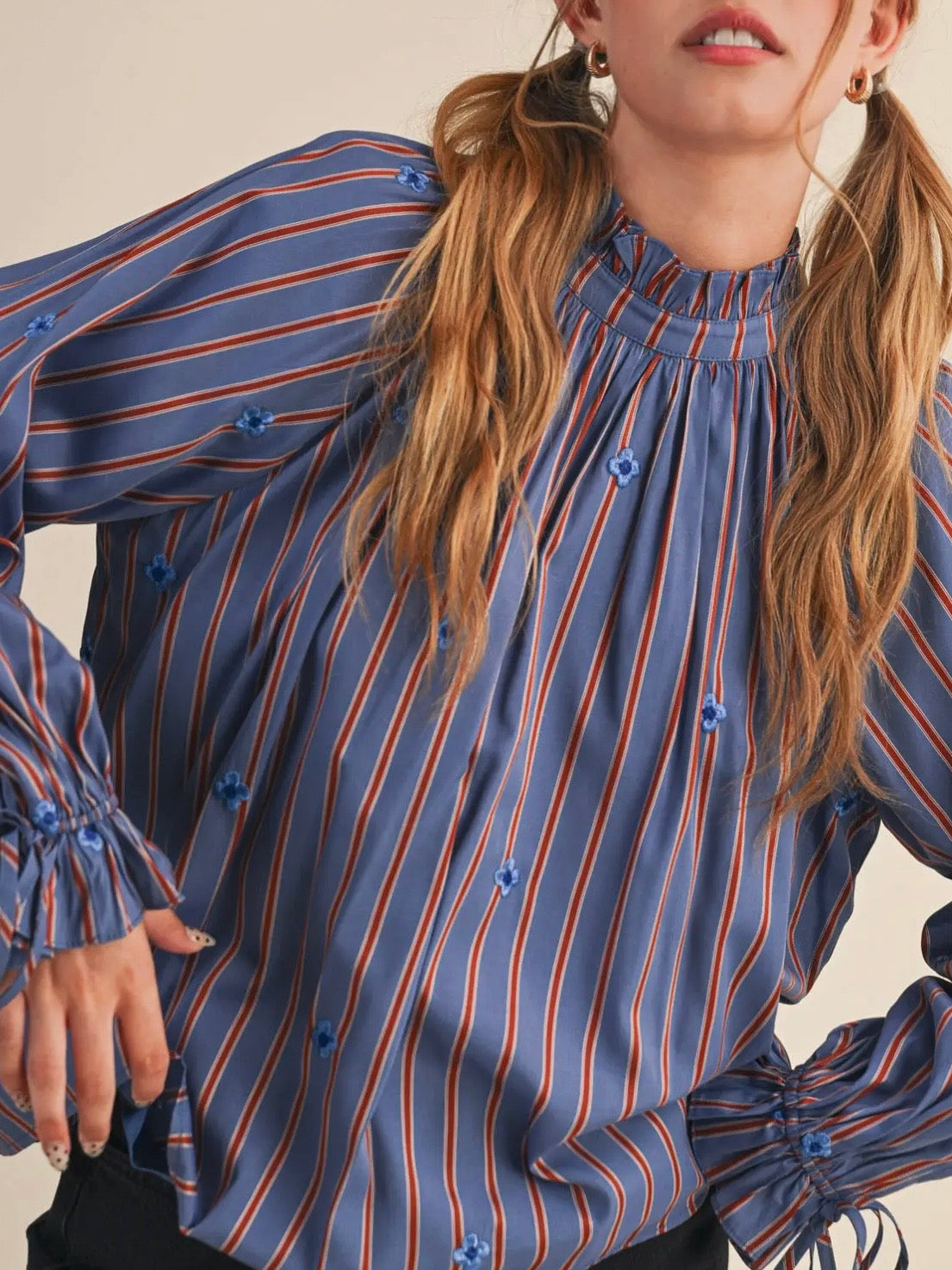 Blue and red striped small flowers bomber long sleeves shirt blouse