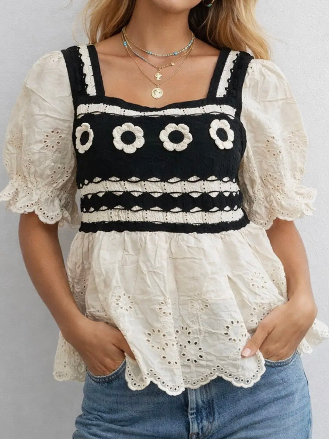 Knitted white and black floral crochet ruffled crop top