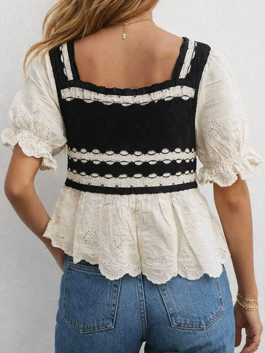 Knitted white and black floral crochet ruffled crop top
