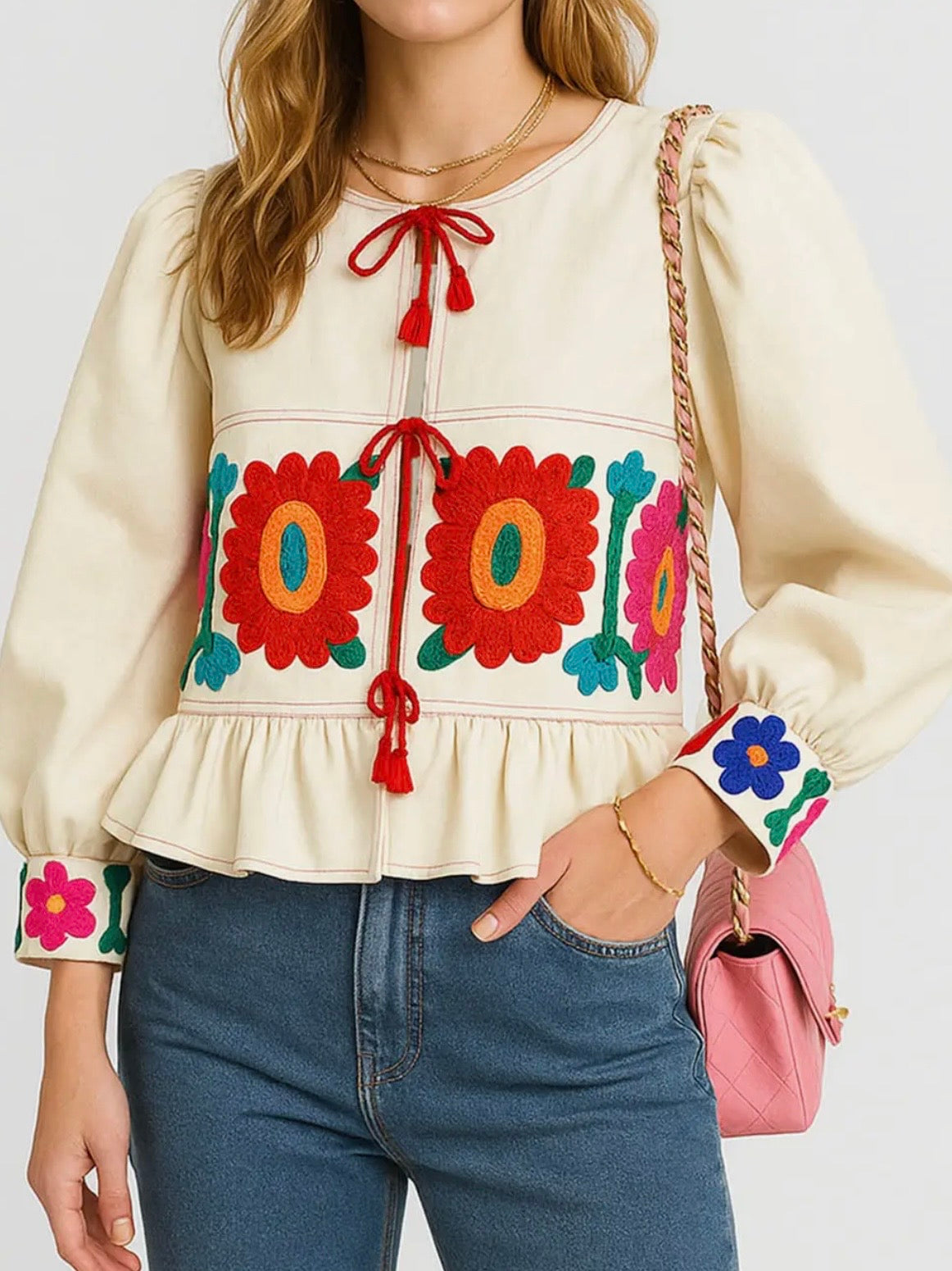 Beige floral long sleeves blouse top