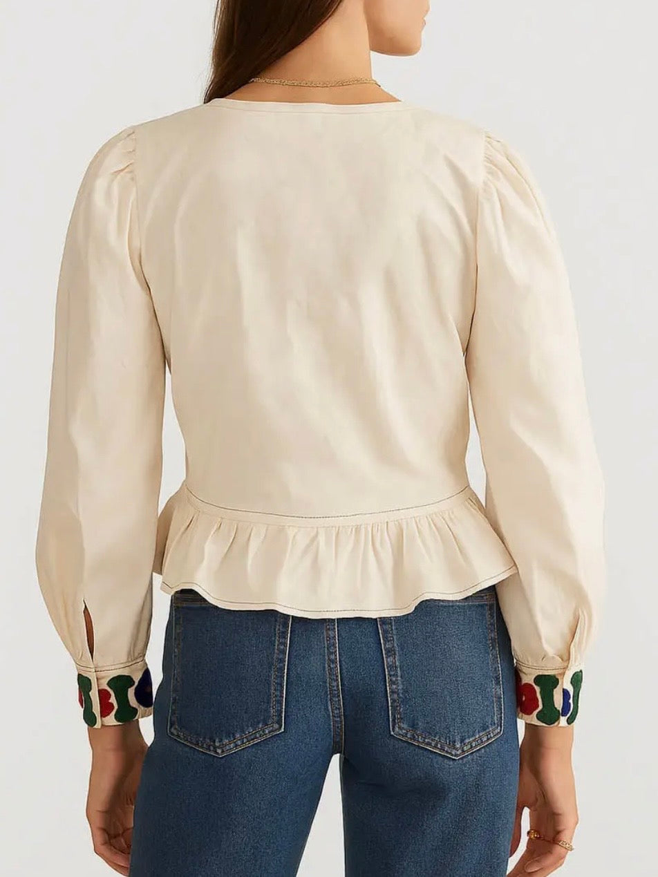 Beige floral long sleeves blouse top