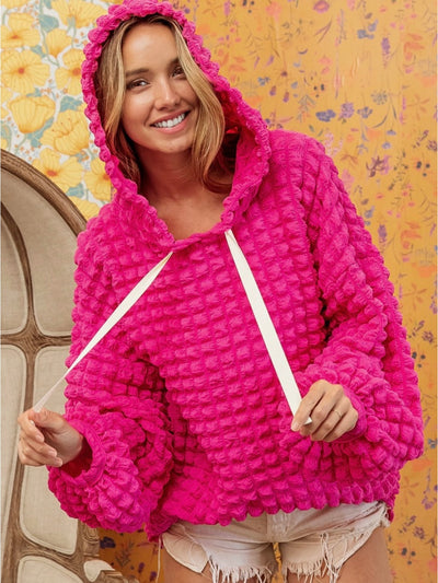 Fuchsia hooded bubble knitted sweater