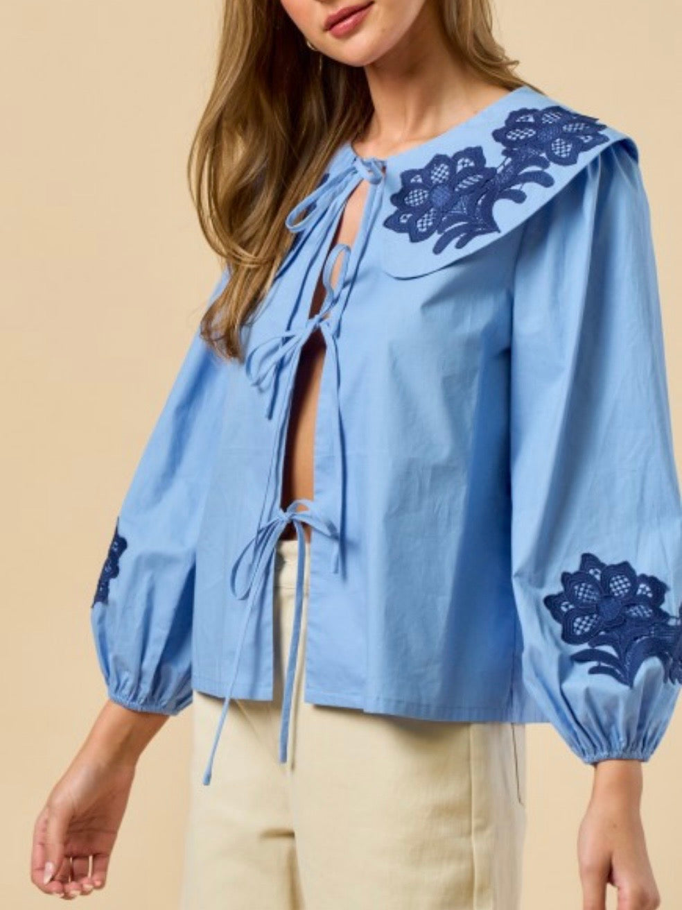 Beige and light blue floral long sleeves big neck blouse top