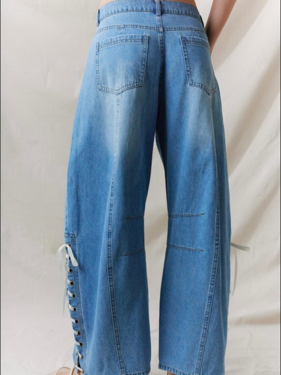 Blue ankle tie laces details barrel jeans pants
