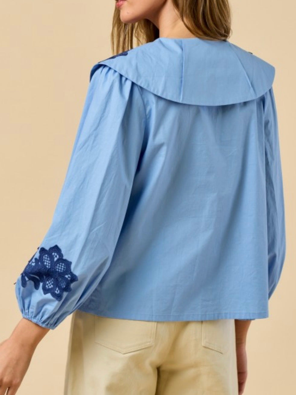 Beige and light blue floral long sleeves big neck blouse top