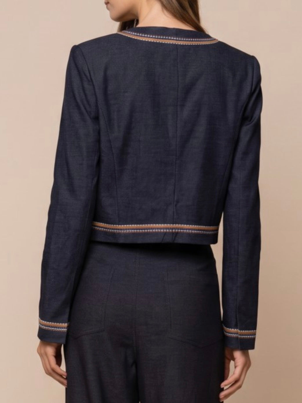 Navy blue embroidered open front jacket and pants set