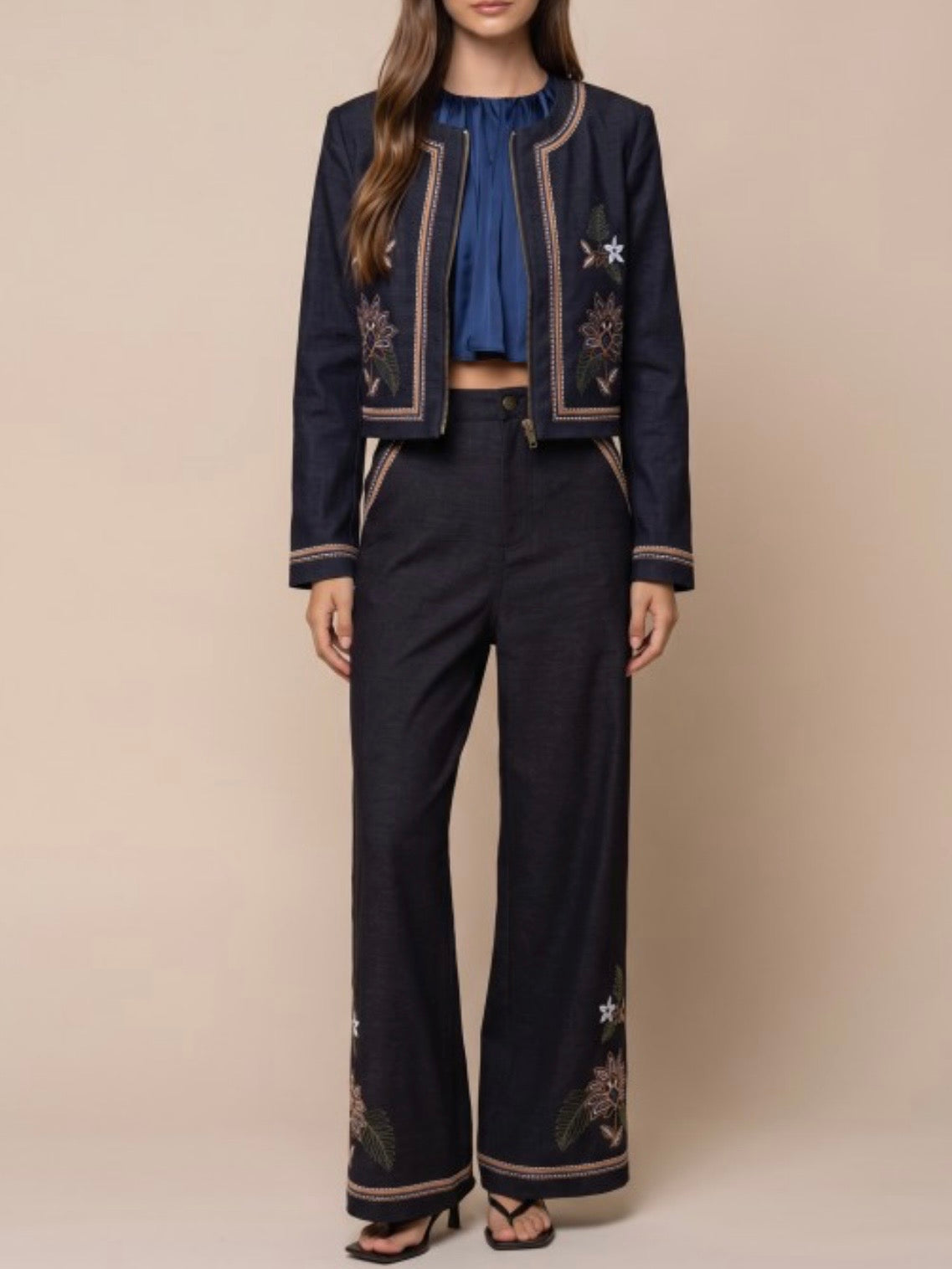 Navy blue embroidered open front jacket and pants set