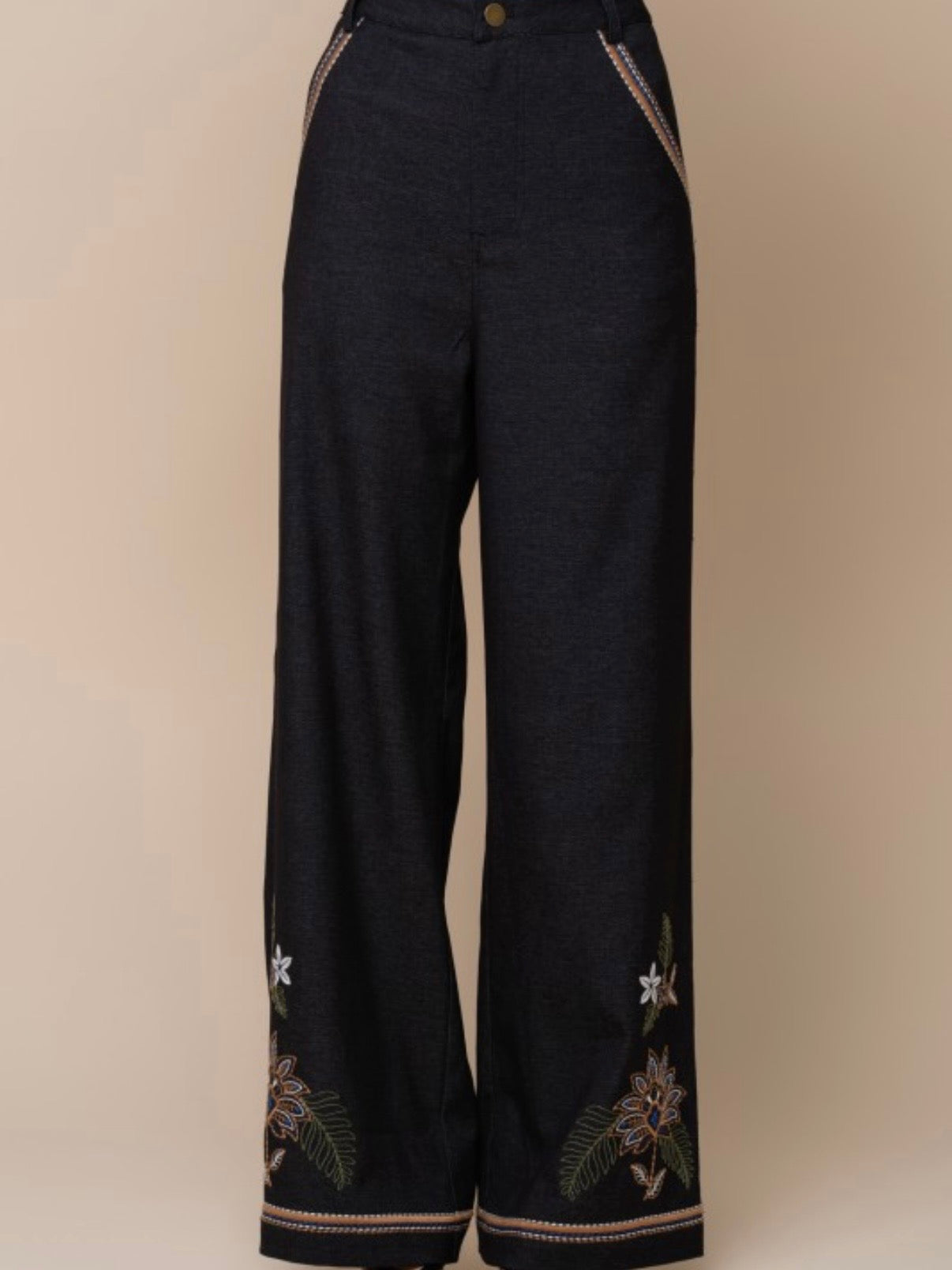 Navy blue embroidered open front jacket and pants set