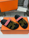 Pink and green two straps flat slides sandals