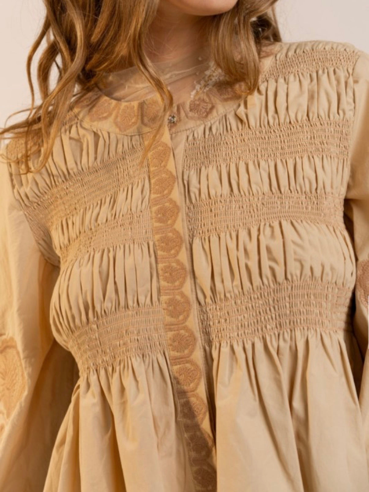 Beige and off white draped long sleeves big neck blouse top (Copy)