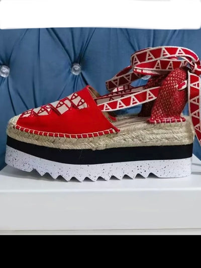 Red canvas espadrilles tractor platform
