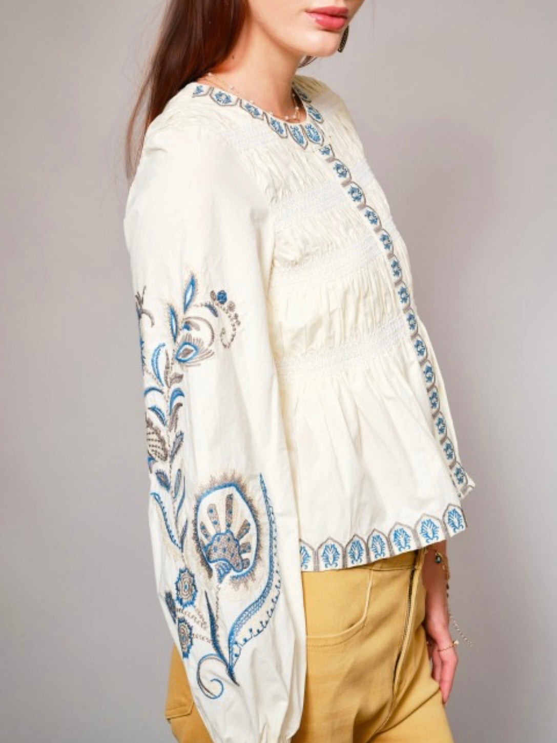 Beige and off white draped long sleeves big neck blouse top (Copy)
