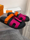 Orange and fuchsia two straps flat slides sandals