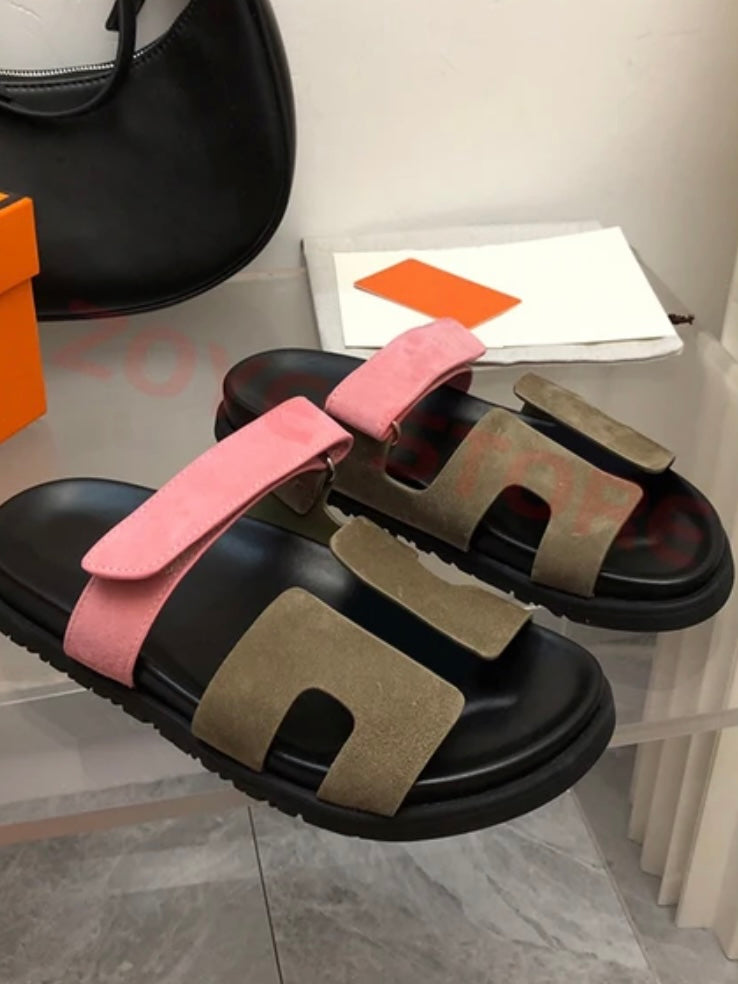 Pink and green two straps flat slides sandals