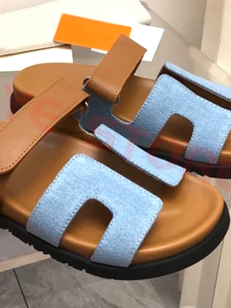 Beige and light blue two straps flat slides sandals