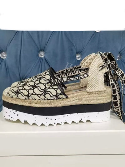 Off white and black pattern canvas espadrilles tractor platform
