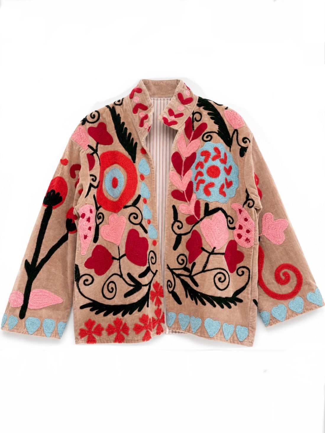 Colored floral embroidered open front bomber jacket