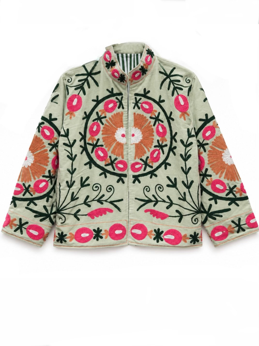 Colored floral embroidered open front bomber jacket