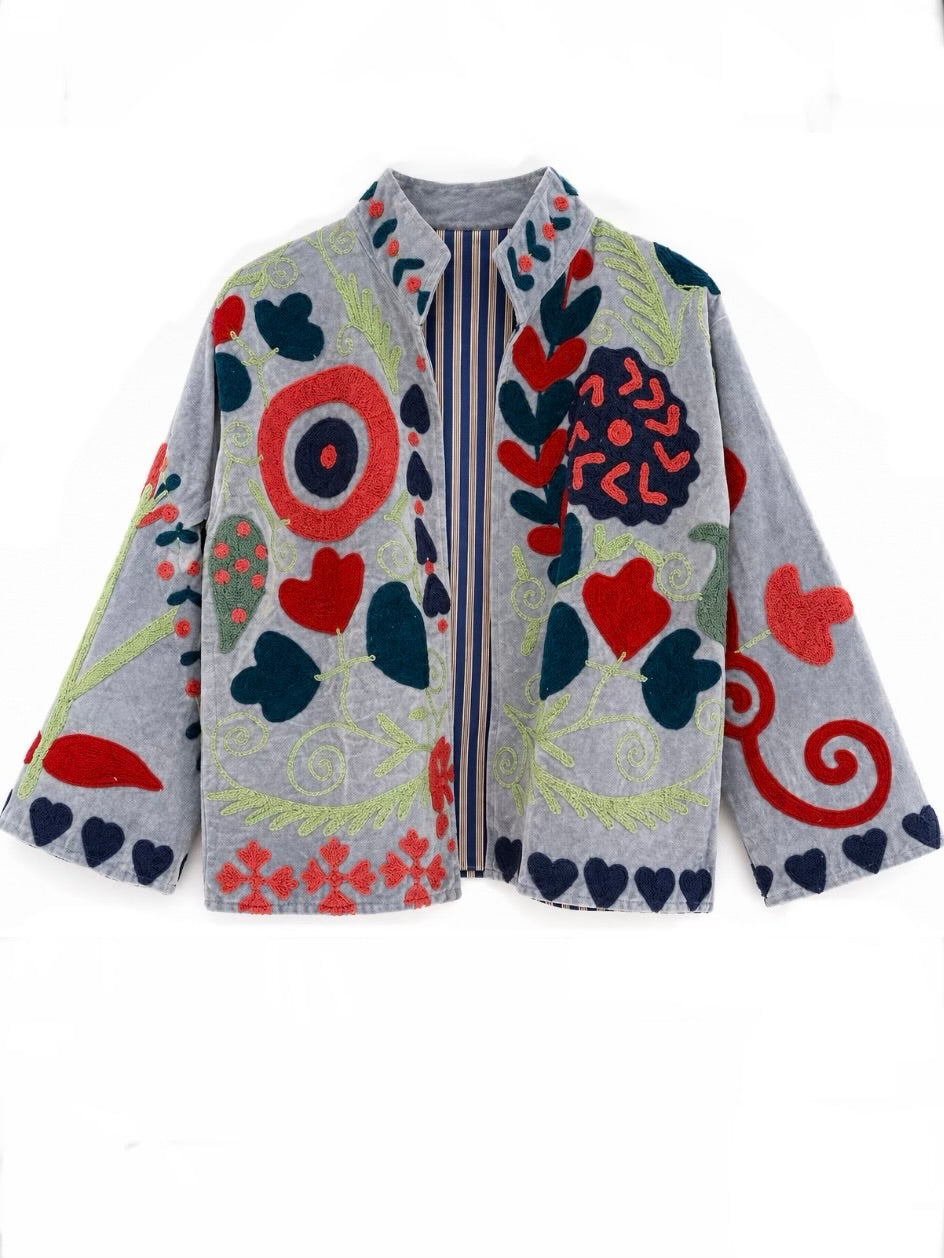 Colored floral embroidered open front bomber jacket