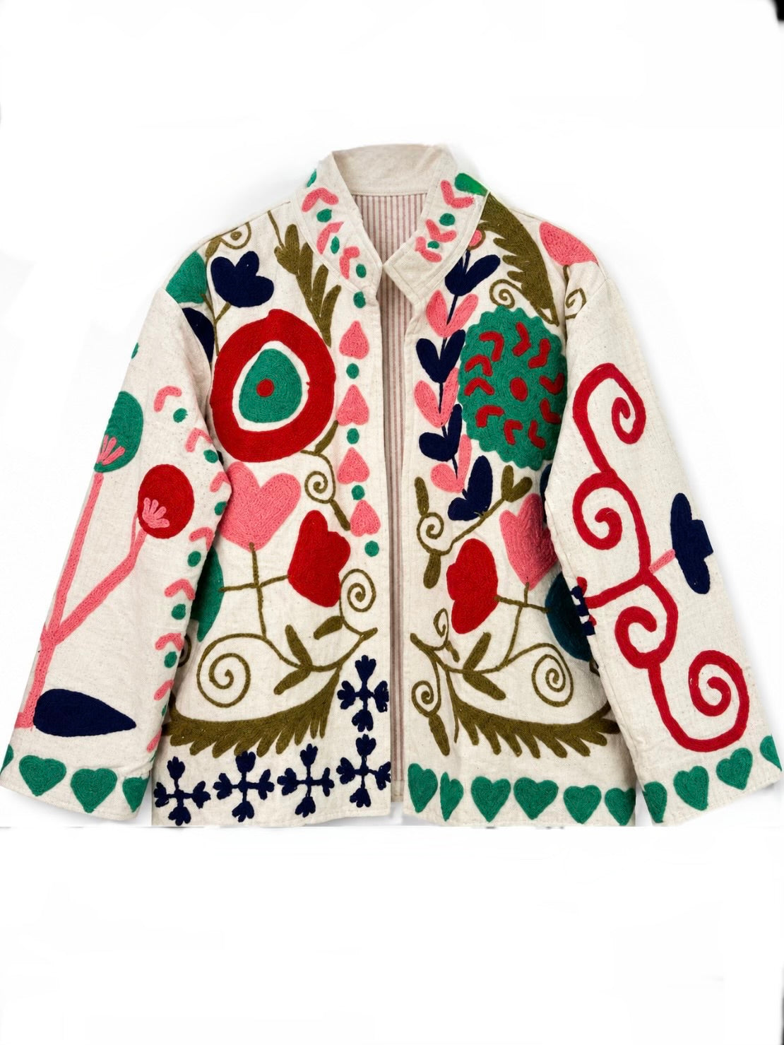 Colored floral embroidered open front bomber jacket