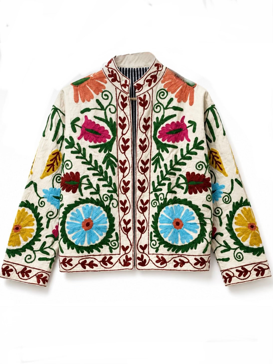Colored floral embroidered open front bomber jacket